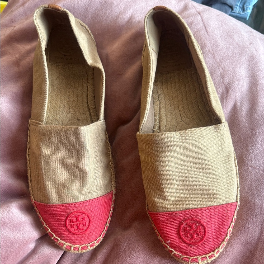 Tory Burch Tan and Red Canvas Espadrilles
